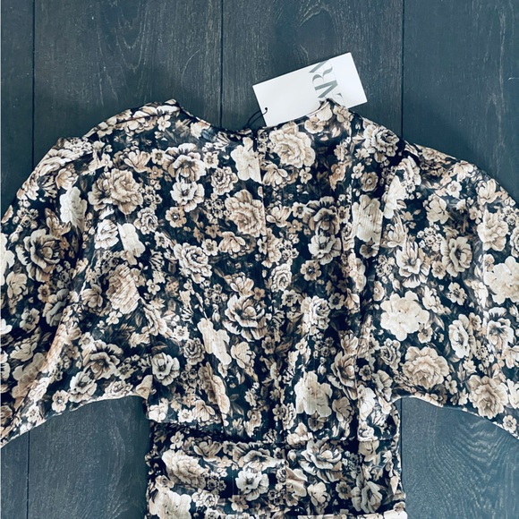 ZARA Floral Metallic Long Sleeve Mini Dress - Picture 9 of 14